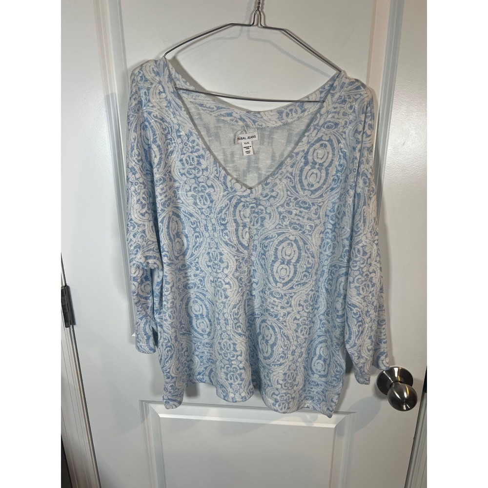 Tribal Jeans Womens Knit Top Mixed Paisley Print Blue XL